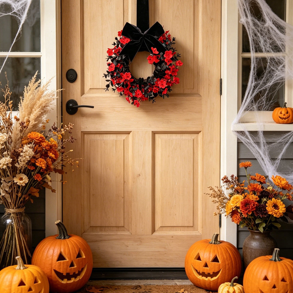 Halloween Star Shaped Bow Wreath for Window Door Display, Autumn Festival Artificial Wreath Decor
