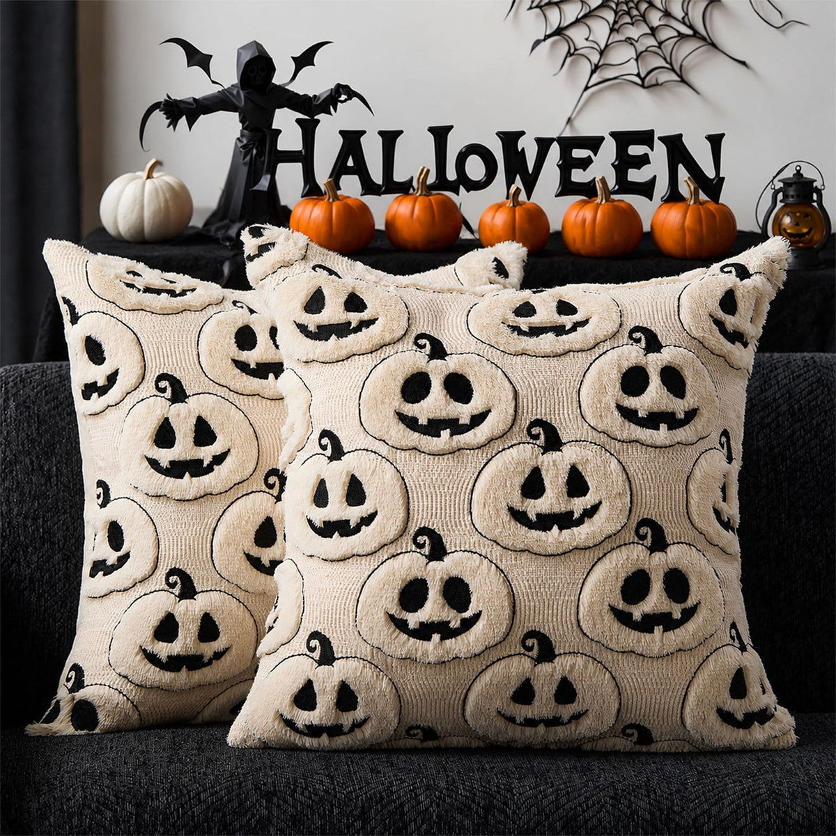 Cute Reading Ghost Plush Throw Pillow, Halloween Book & Pumpkin Bucket Ghost Stuffed Cushion, Spooky Season Decorative Pillow, for Sofa, Bedroom, Party Decor
