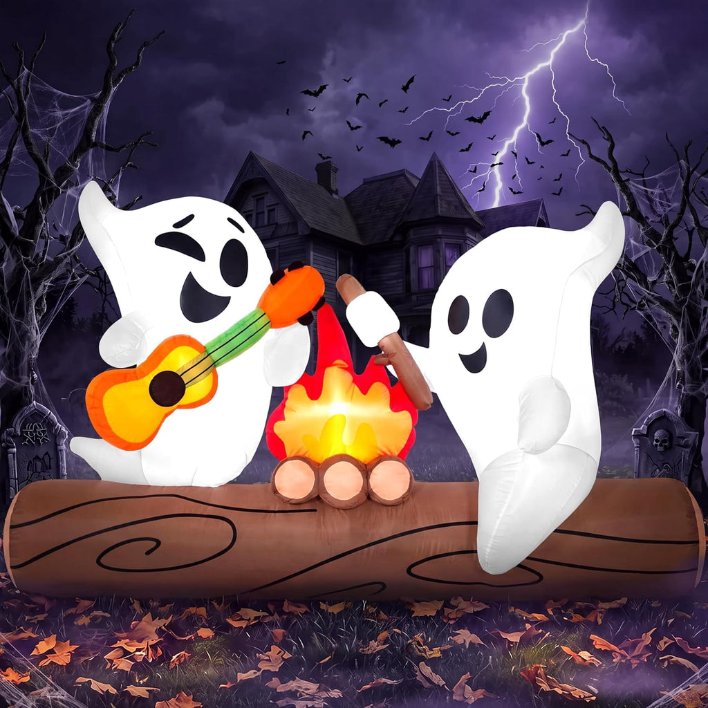 Joyfy 5ft Halloween Inflatables Light up Cute Ghost,Blow Up Ghost Lift Pumpkin Candy Bag with Build-in LEDs for Yard Decorations