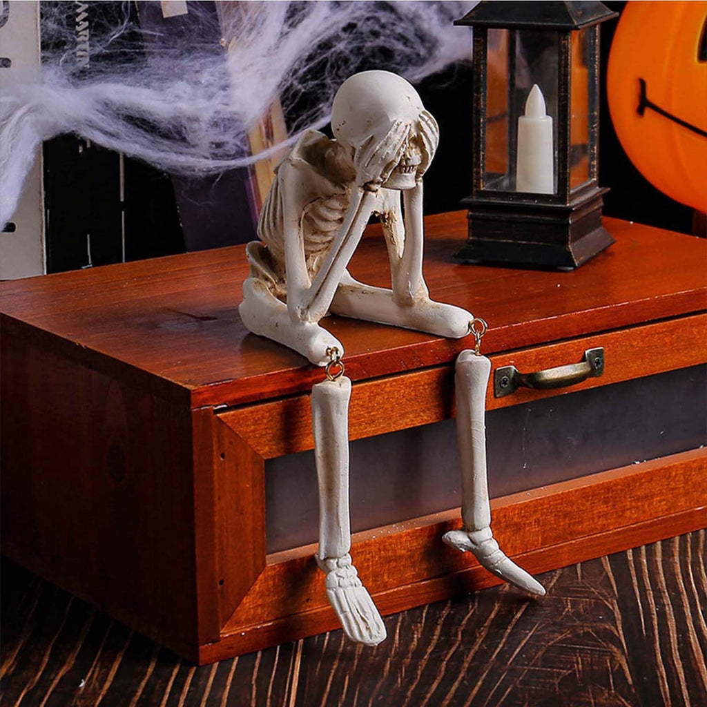 Halloween Decor Skeleton Statue Figurines Skull Decor See No Evil Hear No Evil Speak No Resin Skeleton Shelf Sitters Sitting Figurines for Home Kitchen Party Decor Table Ledge Edge Decorative (C)