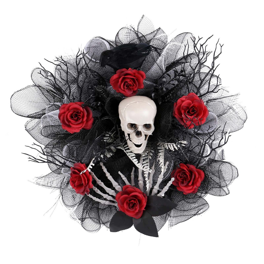 Halloween Artificial Rose Flower with Skull Head, Fake Silk Rose Bouquet, Red or Black Roses with Mini Skull