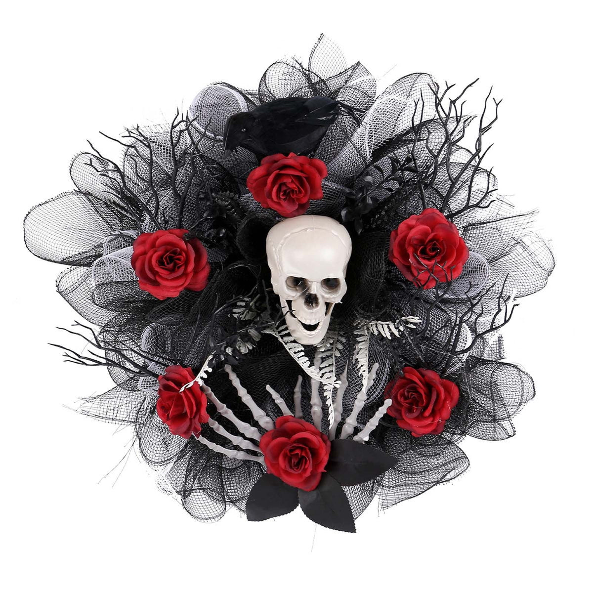 Halloween Artificial Rose Flower with Skull Head, Fake Silk Rose Bouquet, Red or Black Roses with Mini Skull