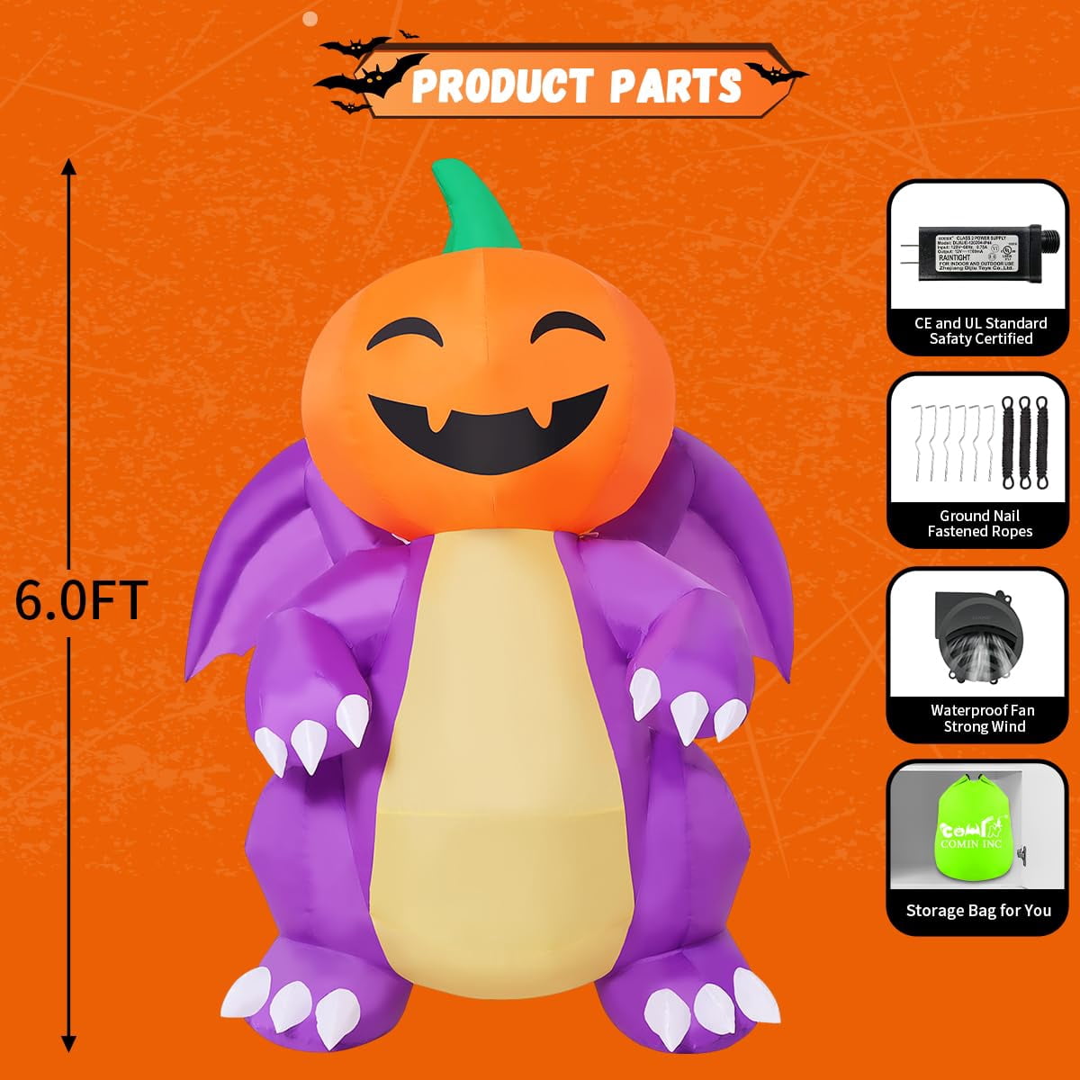 COMIN 5.9FT Tall Halloween Inflatables Pumpkin-Headed Purple Dinosaur with Built-in LEDs for Indoor Party Garden Lawn Decor