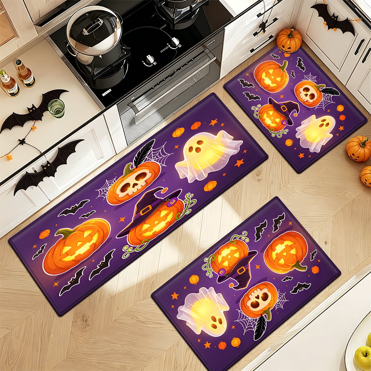 YIMEIS Halloween Pumpkin Lanterns Multi-purpose 1-Piece Flannel Mat and Kitchen Rugs,Soft Non-slip for Home Bedroom Bathroom
