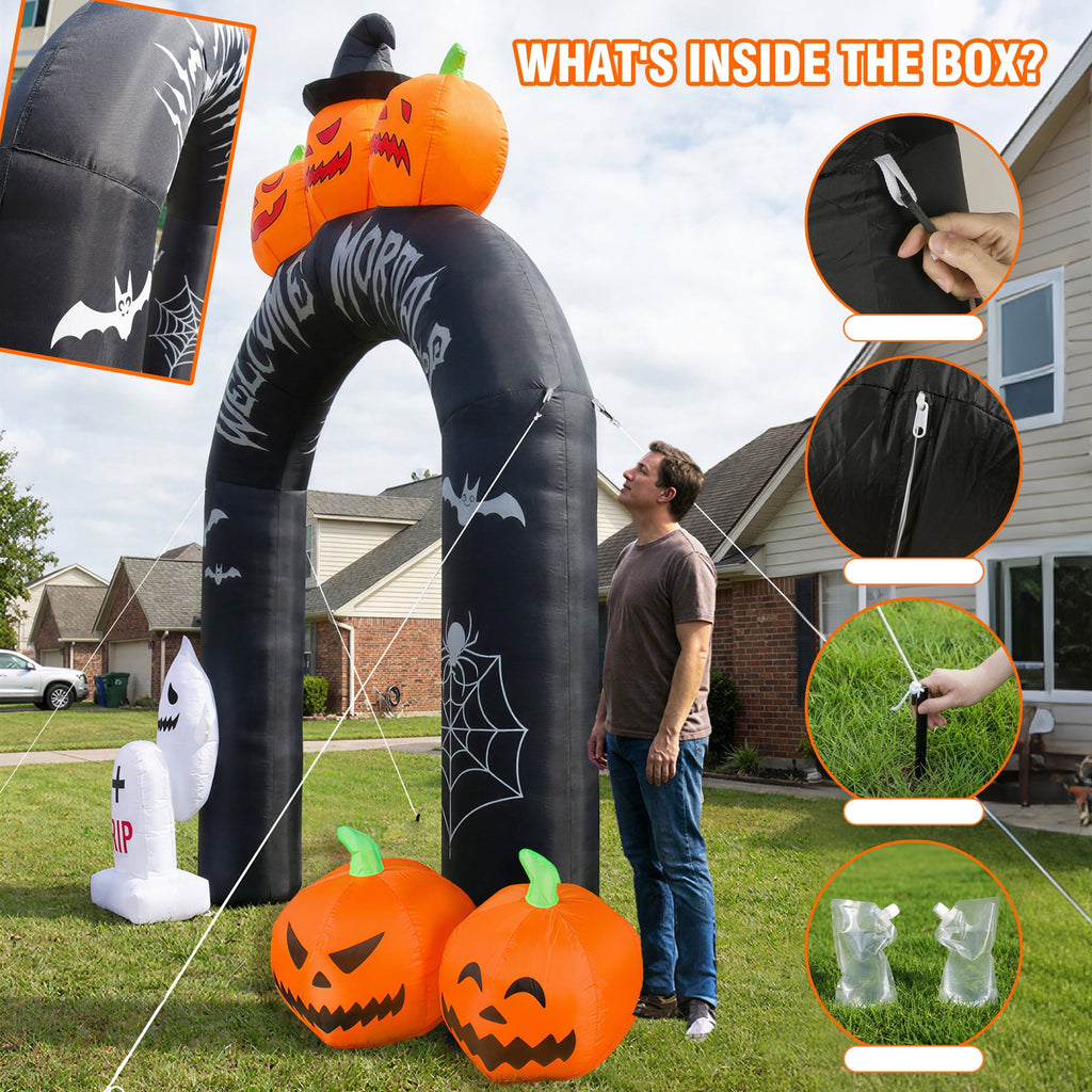 MAGOTAN 8 ft Halloween Inflatable Pumpkin Halloween Inflatable Pumpkins Ghost Tombstone Outdoor Yard Decoration Build-in 7 LED White Lights