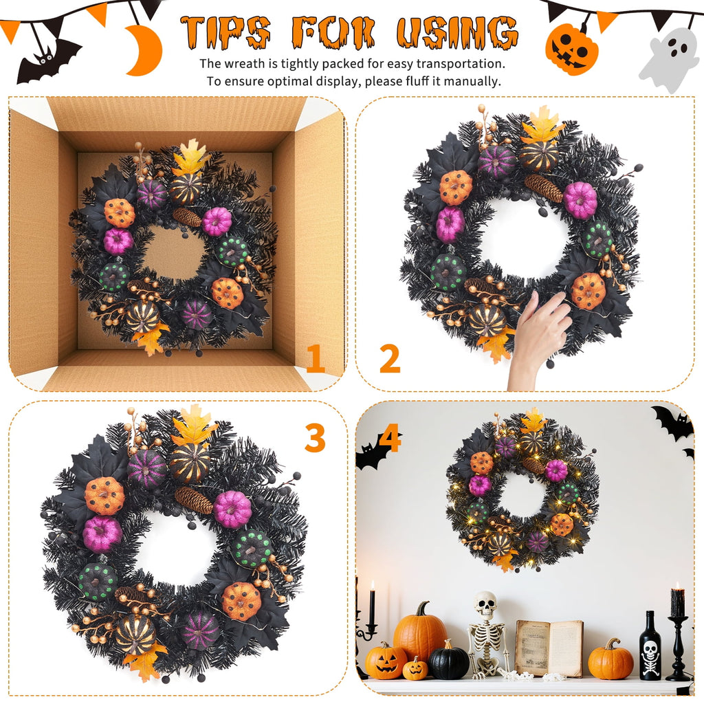 Halloween Wreath, Halloween Decorations Prelit Front Door Wreath for Indoor Wall Window Decor（18/20/22 Inch）