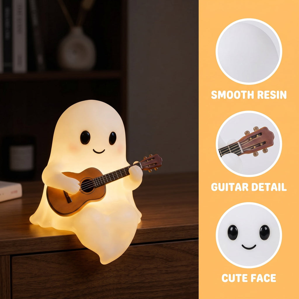 Halloween Ghost Night Light, Cute Ghost Playing The Guitar Lamp, Ghost Warm Lighted Figurine Lamps for Party Bedroom Study Room Home Dorm, Halloween Decor Indoor