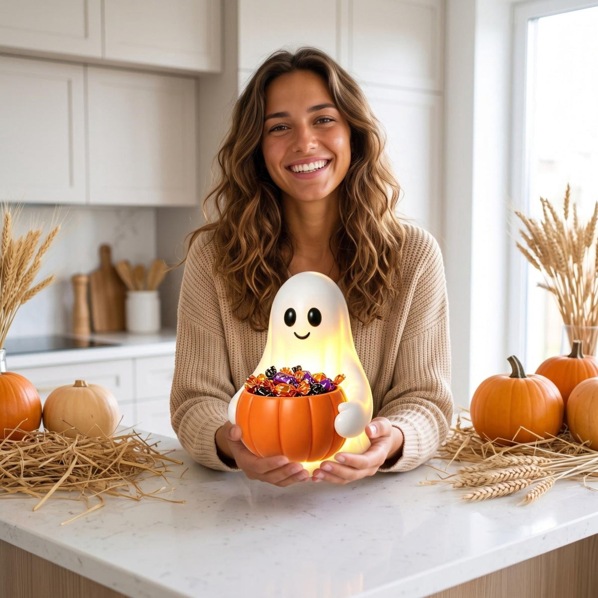 Light Up Ghost Pumpkin Candy Bowl Halloween Decor, Halloween Decorations Outdoor LED Glowing Ghost Candy Pumpkin Bowl, Fall Front Porch Yard Indoor Table Ghosts Treat Bowls Decor