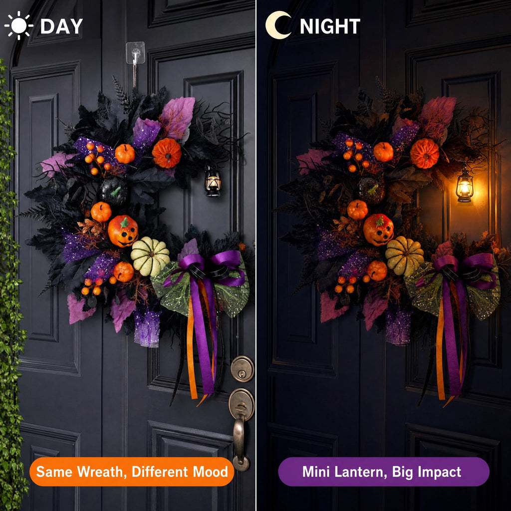 Halloween Wreath for Front Door, Crescent Wreath Moon, Black Gothic Spooky Outdoor Décor