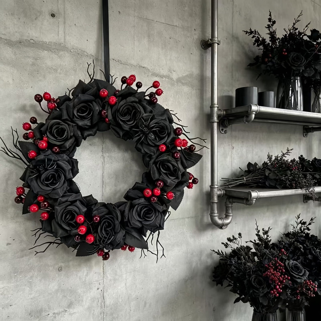 WWC Halloween Wreath, Artificial Silk Bats And Skulls Wreath, Gothic Halloween Decor for Fall Party Front Door Porch Mantel