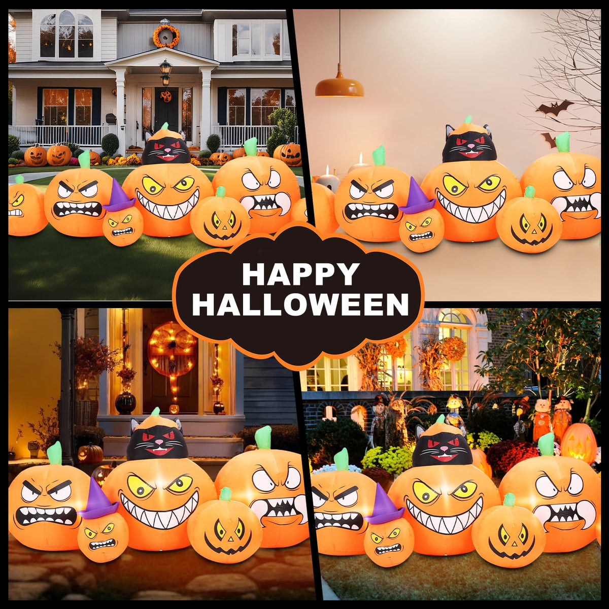 Halloween Inflatables Outdoor, 8FT Long Cute & Lighted Blow Up Decoration Pumpkin Family with Witch Hat, Large Halloween Inflatables Decorations with Lights for Yard, Holiday, Home