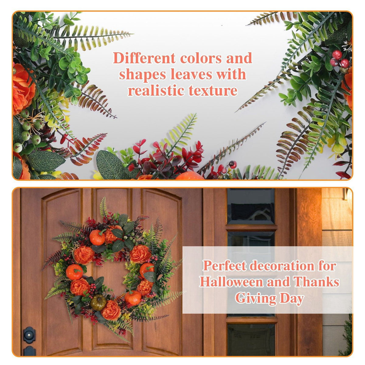 17.71 Inch Autumn Wreath with Pumpkin Leaves and Berries for Halloween Thanksgiving