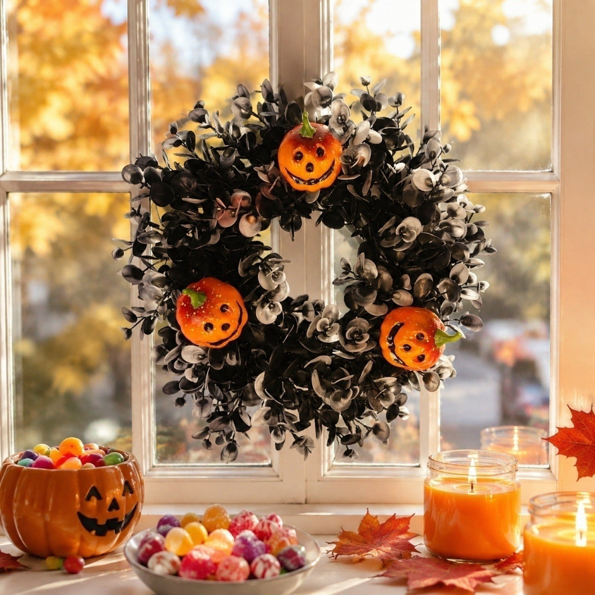 12 Inch Black Eucalyptus Halloween Wreath, Artificial Floral Door Wreath with Pumpkin Cutouts for Front Porch Indoor Door Halloween Party Gothic Home Decor