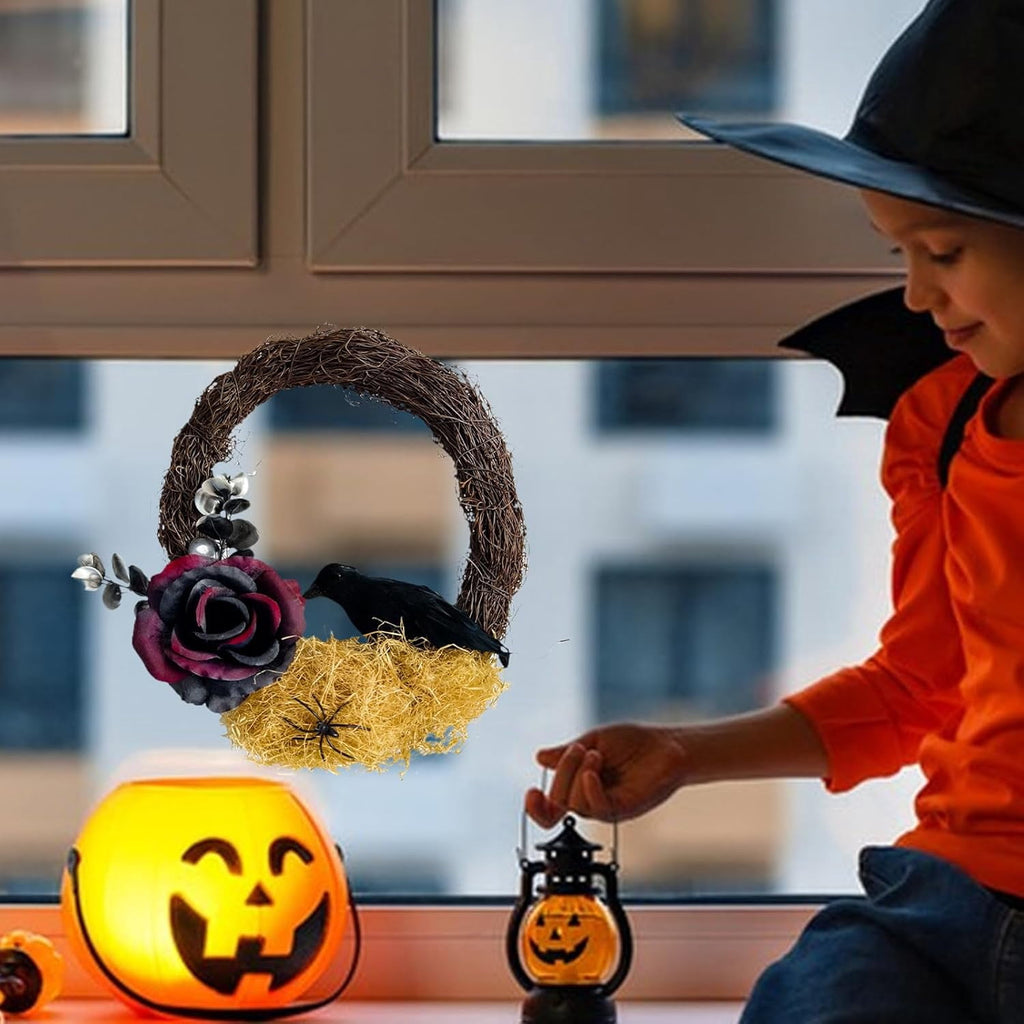 Halloween Wreath, 10 Inch Halloween Garland with Crow Vines, Artificial Dead Branch Wreath with LED Light, Halloween Home Party Decor Sturdy Build, for Porch Window Wall Decor