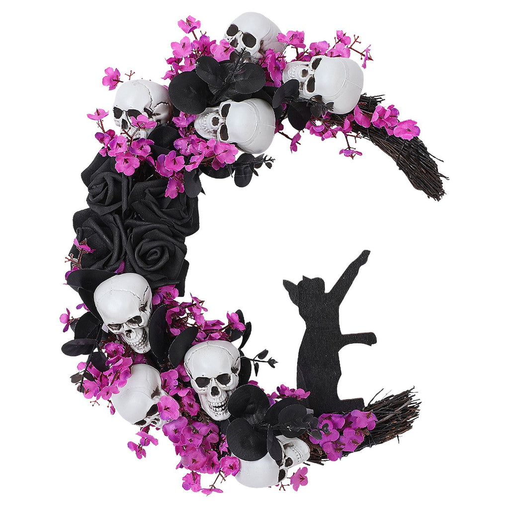Halloween Moon Wreath with Skull & Mini Black Cat, Grapevine Wreath forFront Door, Halloween Door Wreath Decor forHome Party indoor Outdoor