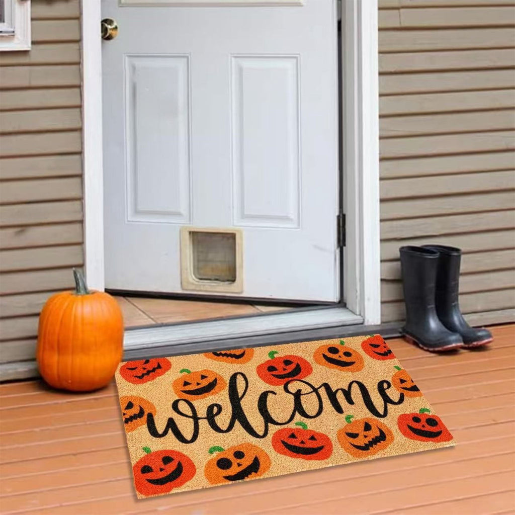 Fllostpr Halloween Pumpkin & Crow Welcome Doormat for Front Door, Non-Slip Vintage Brown Coir Floor Mat for Outdoor Porch Entryway Decor,16x24 Inch
