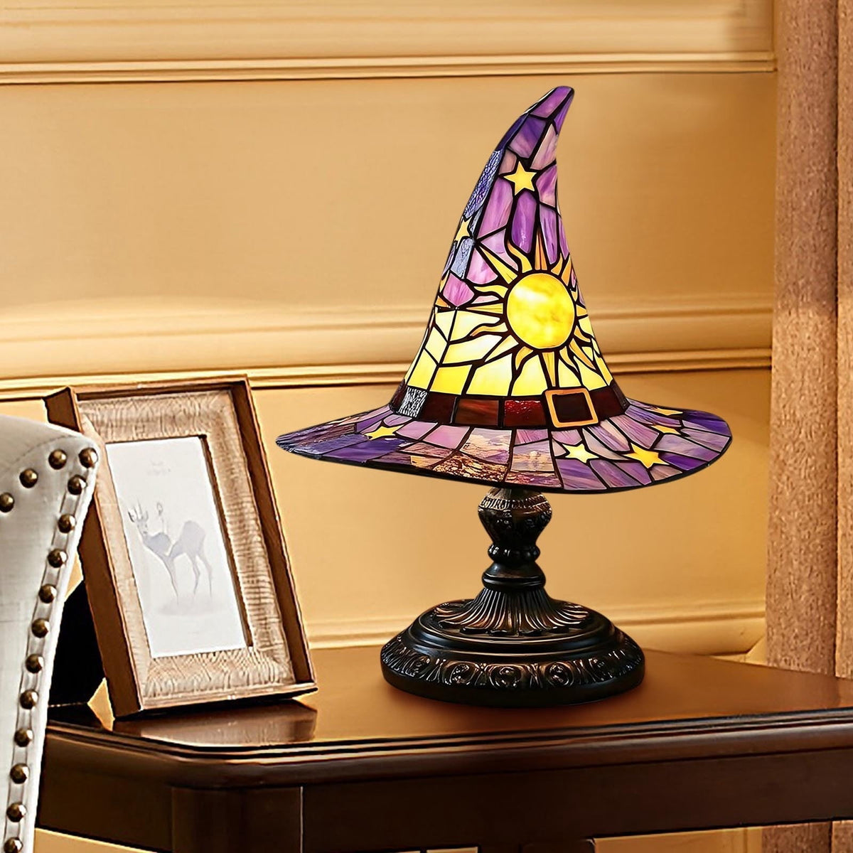 Stained Glass Witch hat lamp, 7" Halloween Gothic Mystic Room Decor Handcrafted Ceramic Phantom Figurine, USB Rechargeable LED Glowing Lantern for Bedroom Living Room Mantel Home Decor