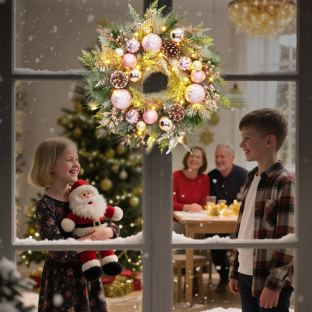 JoanKaren 24 inch Large Christmas Wreath Silver White with 20 LED Lights,Prelit Xmas Wreath w/ Ball Ornaments Pine Cone
