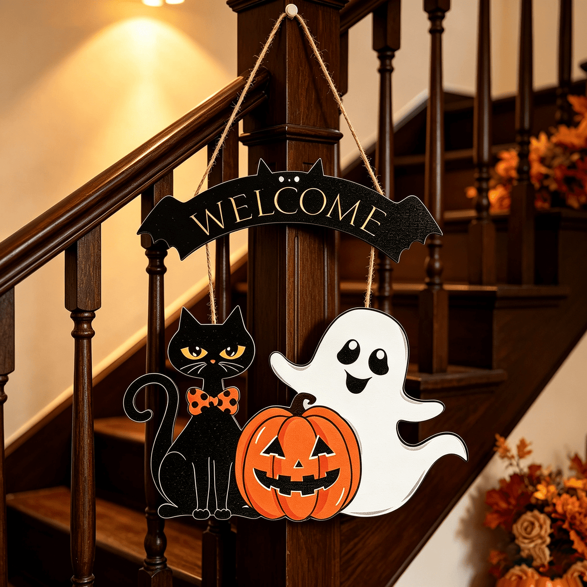 Halloween Decoration Wooden Ghost Door Halloween Wreath for Front Door Sign Hanging Indoor Outdoor Spooky Wreath for Home Wall Porch Party Decor