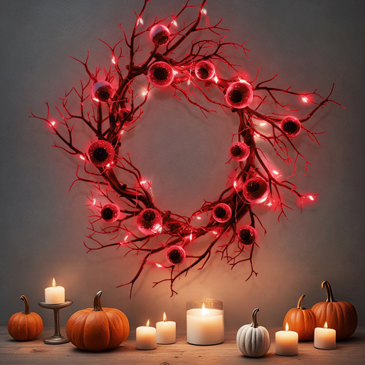 18 inch Halloween Wreaths for Front Door Simulated Eyeballs Wreath with Red Led Light, Outdoor/Indoor Spooky Decorations, For Halloween Party, Porch, Home Holiday Decor