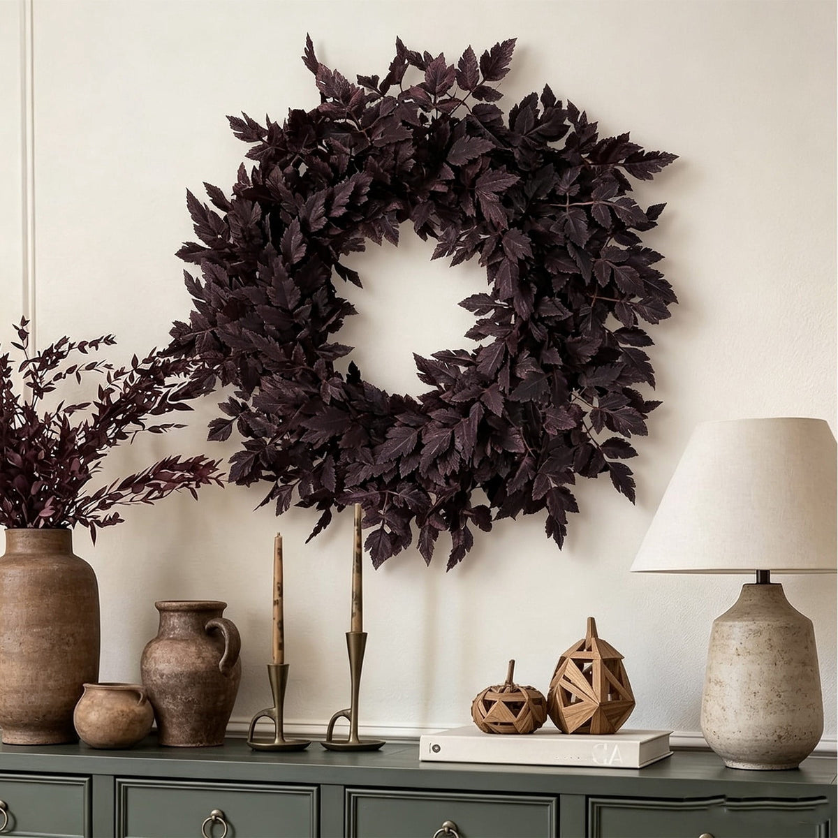Fall Decor - Fall Wreaths for Front Door, 24 Inch Plum Cimicifuga Leaves Wreath, Autumn Harvest Halloween Decorations for Home Indoor Outdoor Mantle Window Wall Kitchen, Black