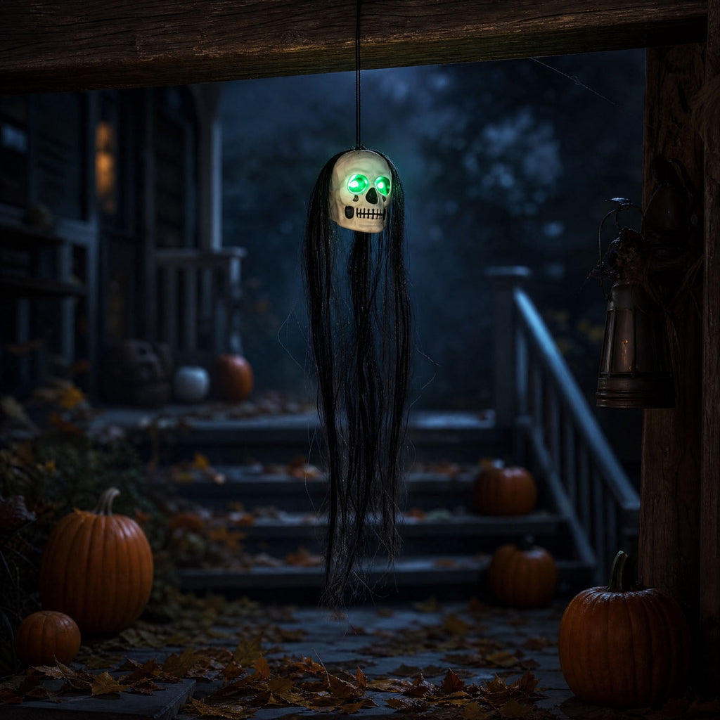Bklubk Hanging Long Hair Skull Ghost Prop With Flashing Red/Green LED Eyes.Spooky Skeleton Head Hanging Ornament For Escape Room. House Halloween Yard Decor