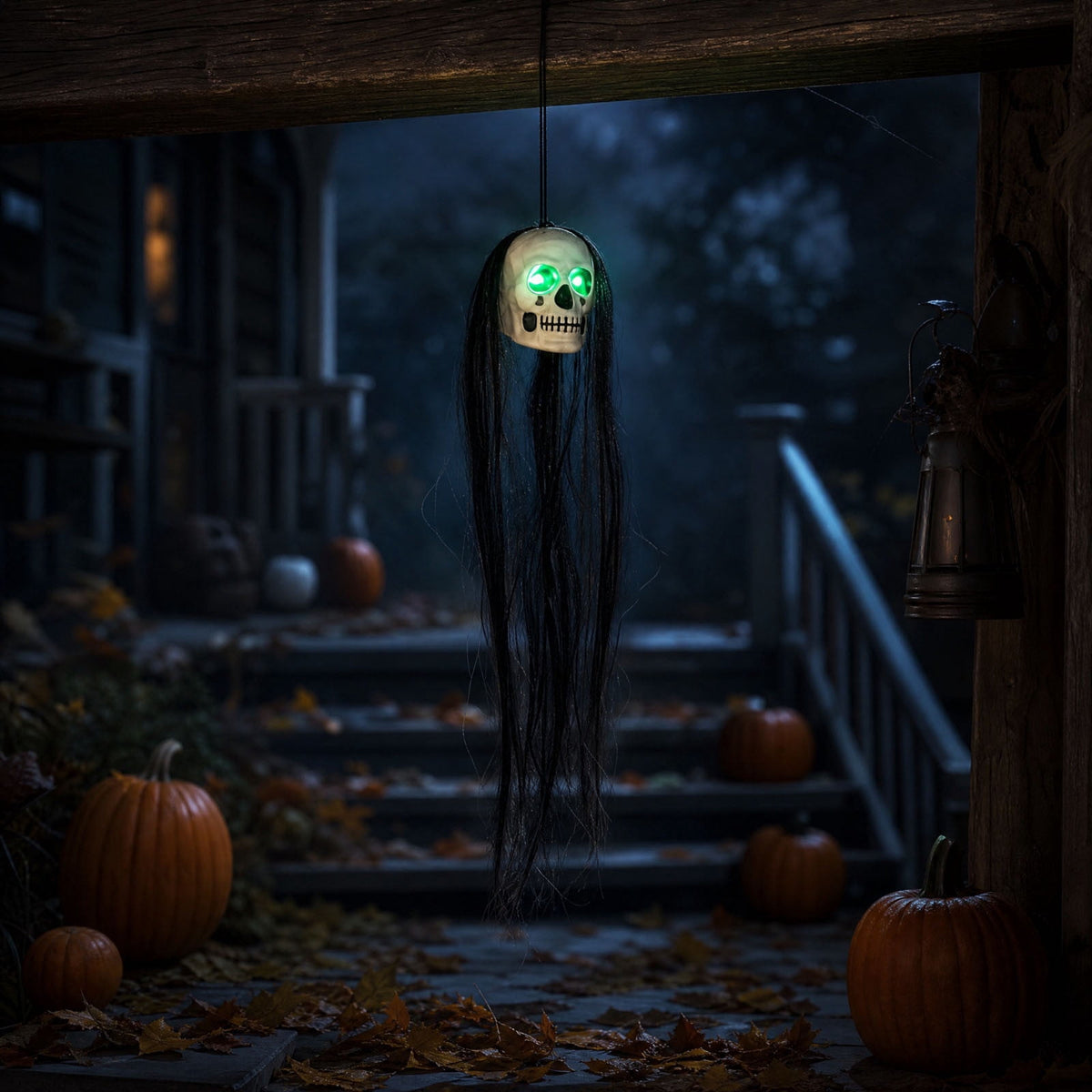 Bklubk Hanging Long Hair Skull Ghost Prop With Flashing Red/Green LED Eyes.Spooky Skeleton Head Hanging Ornament For Escape Room. House Halloween Yard Decor