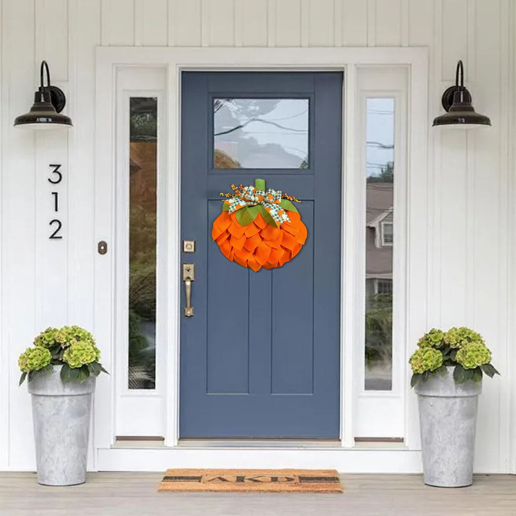 CASAFUN Autumn Pumpkin Wreath with Bows and Berries,Front Door Fall Decorations for Home Porch,Burlap Pumpkin Garland for Autumn Fall Halloween Christmas Thanksgiving Wall Decor