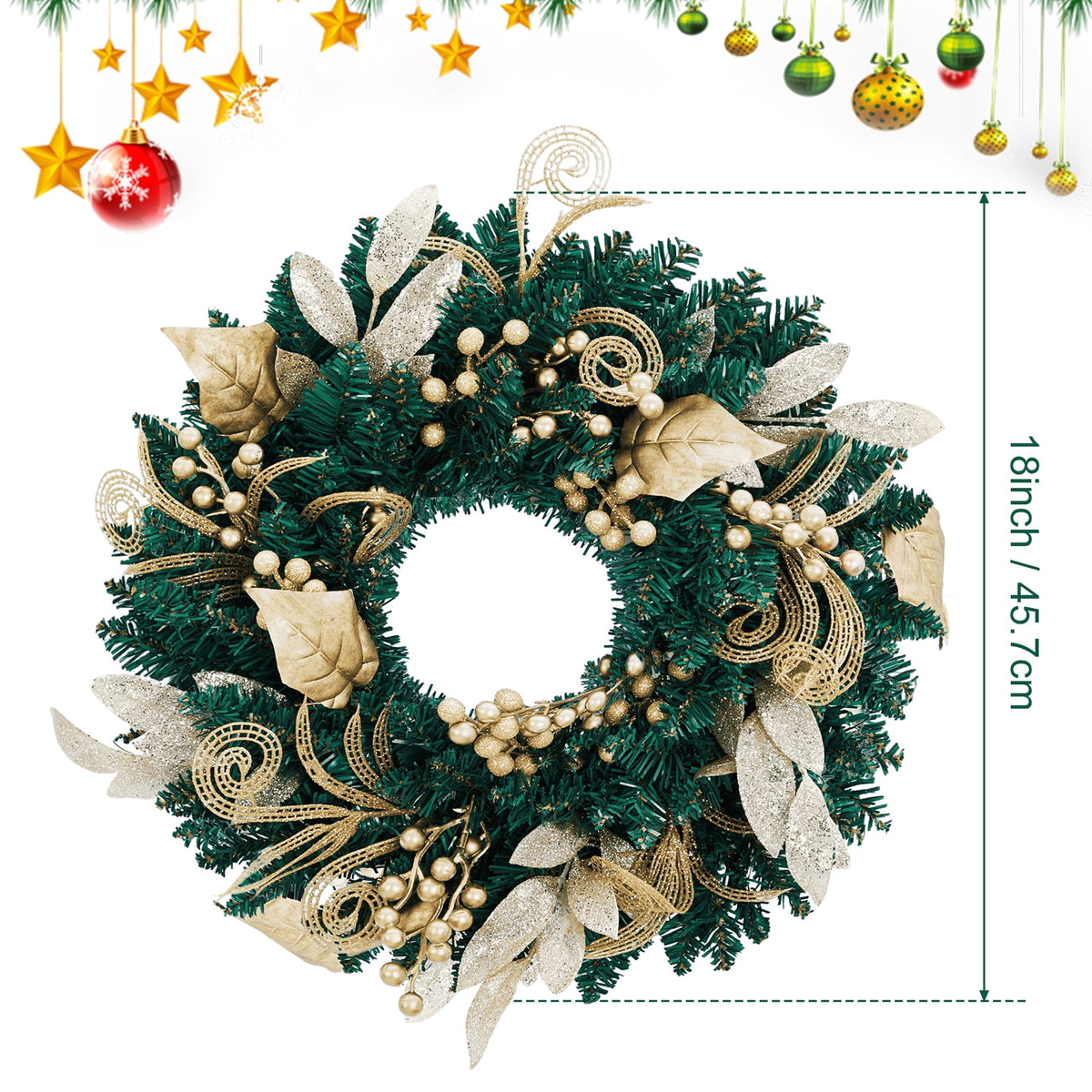 JoanKaren 24 inch Large Christmas Wreath Silver White with 20 LED Lights,Prelit Xmas Wreath w/ Ball Ornaments Pine Cone
