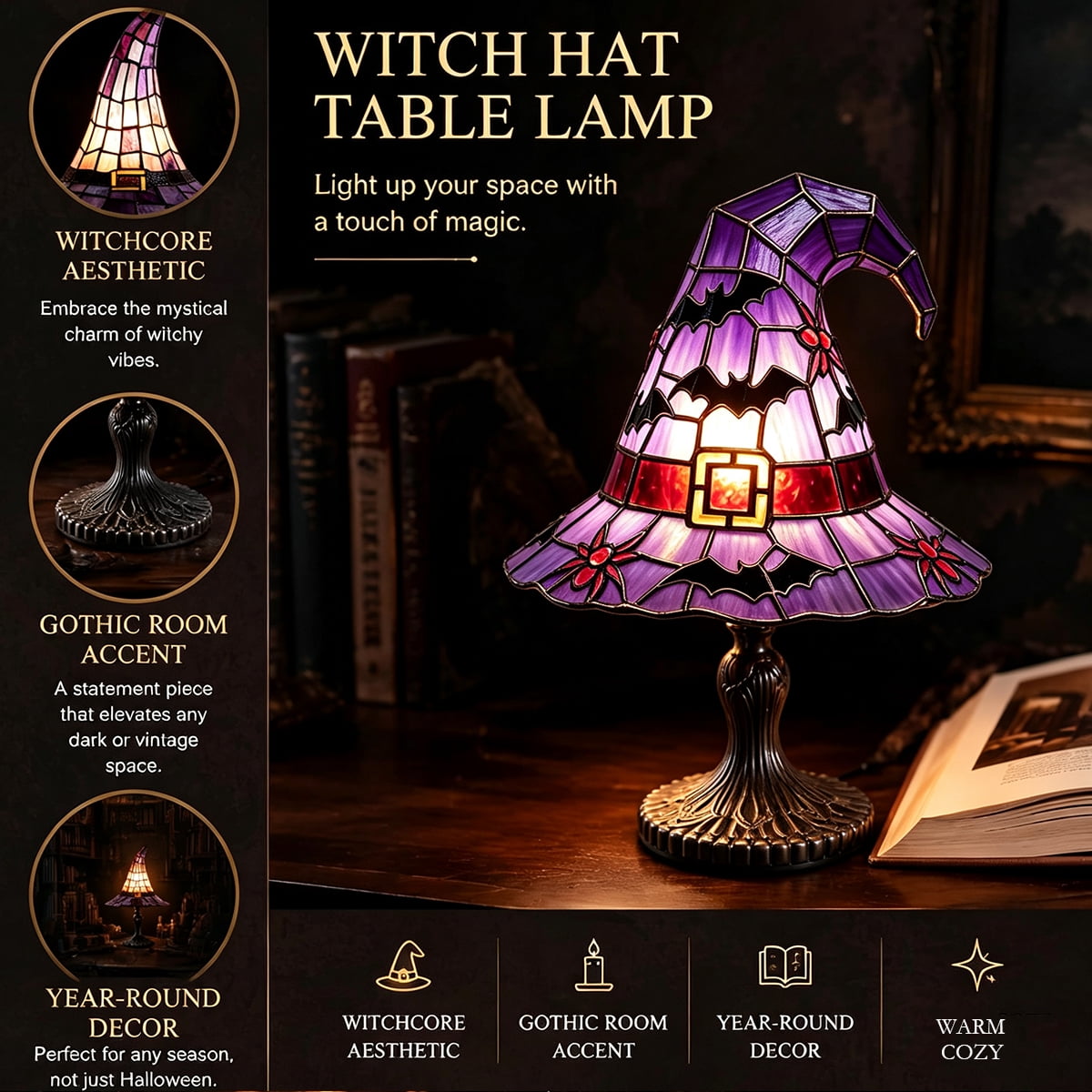 Clearance Witch Hat Lamp, Halloween Nigh Light Handcrafted Retro Resin Witch Hat Light, Usb Powered, Gothic Halloween Decorations for Bedroom