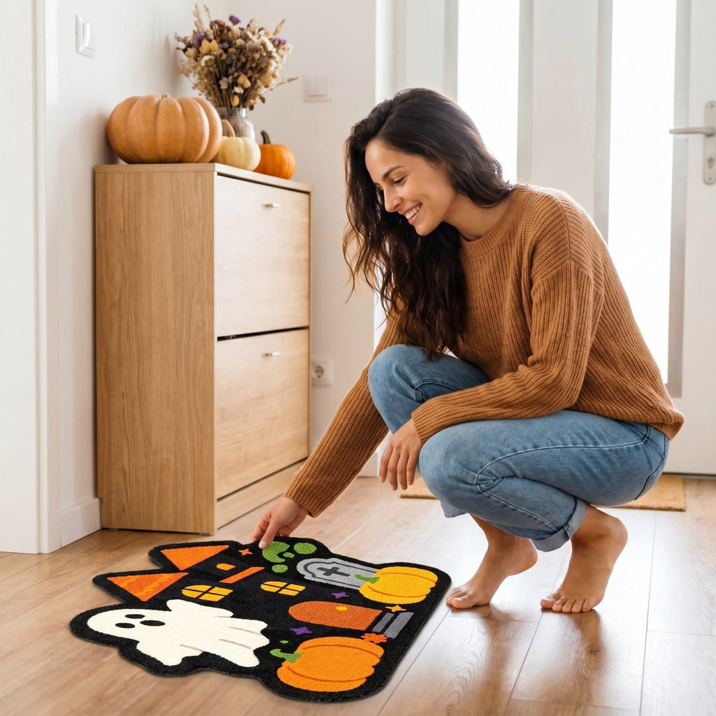 Halloween Door Mat Pumpkin Shaped Non-Absorbent Skidproof Mat 15.75x23.62in Polyester Skidproof & Weather Resistant for Front Door Porch Indoor Outdoor Halloween Door Mat by MPOISVA