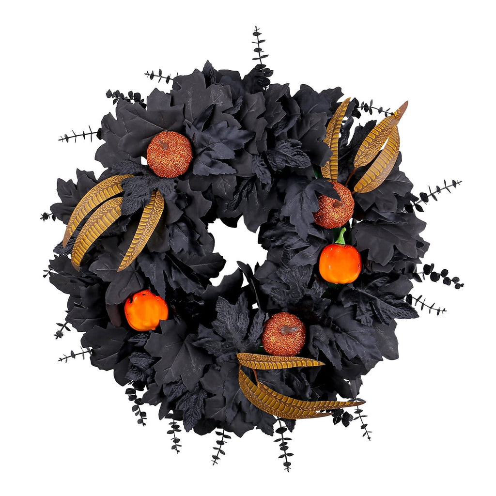Halloween Wreath for Front Door, 20 Inch Black Maple Leaf Wreaths with Light, Pumpkin, Halloween Atmosphere Haunted House Decor, for Indoor,Outdoor,Wall Window,Porch,Farmhouse,Home,Party Decoration