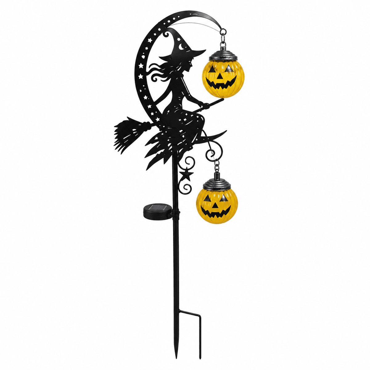 Halloween Crescent Moon Pumpkin Solar Stake Light, Star Hollow Cutout Ground Lamp, Anti Rust Halloween Decorations Party for Yard Walkway black