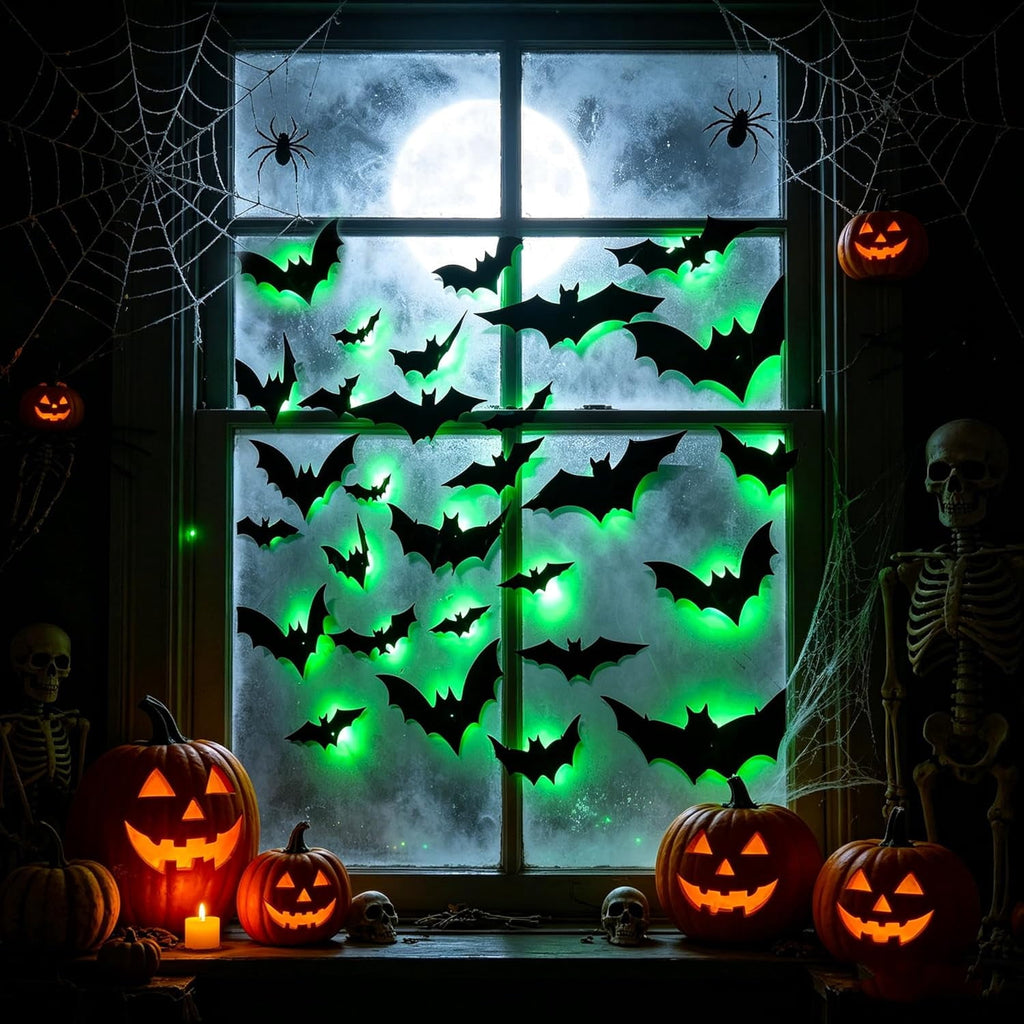 CQHVKQ 36 PCS Halloween Bats Decorations, Realistic 3D LED Bats Wall Stickers Decor, Assorted Size Removable Lighted PVC Bats DIY Wall Sticker for Halloween Party, Bedroom, Home, Indoor and Outdoor