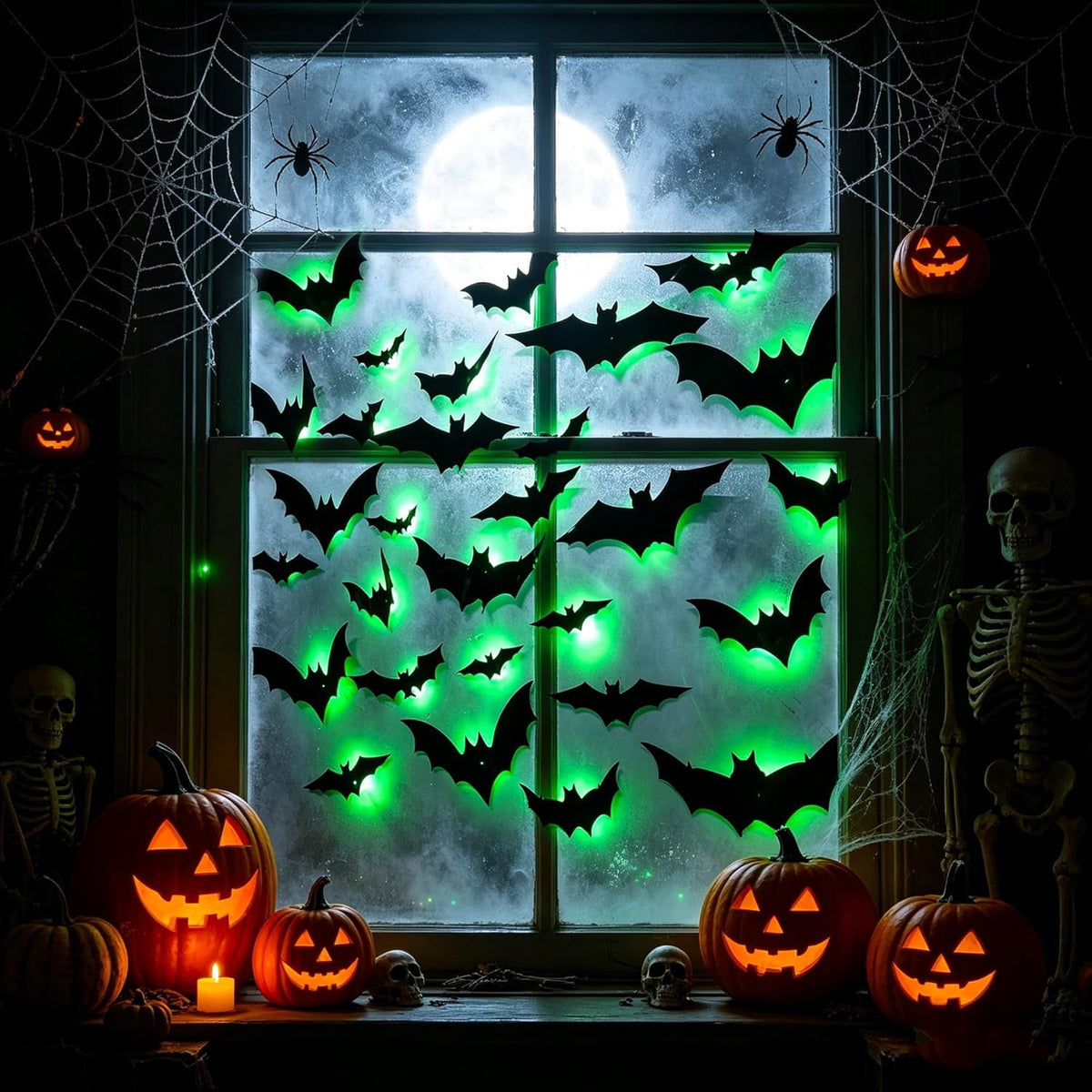 CQHVKQ 36 PCS Halloween Bats Decorations, Realistic 3D LED Bats Wall Stickers Decor, Assorted Size Removable Lighted PVC Bats DIY Wall Sticker for Halloween Party, Bedroom, Home, Indoor and Outdoor
