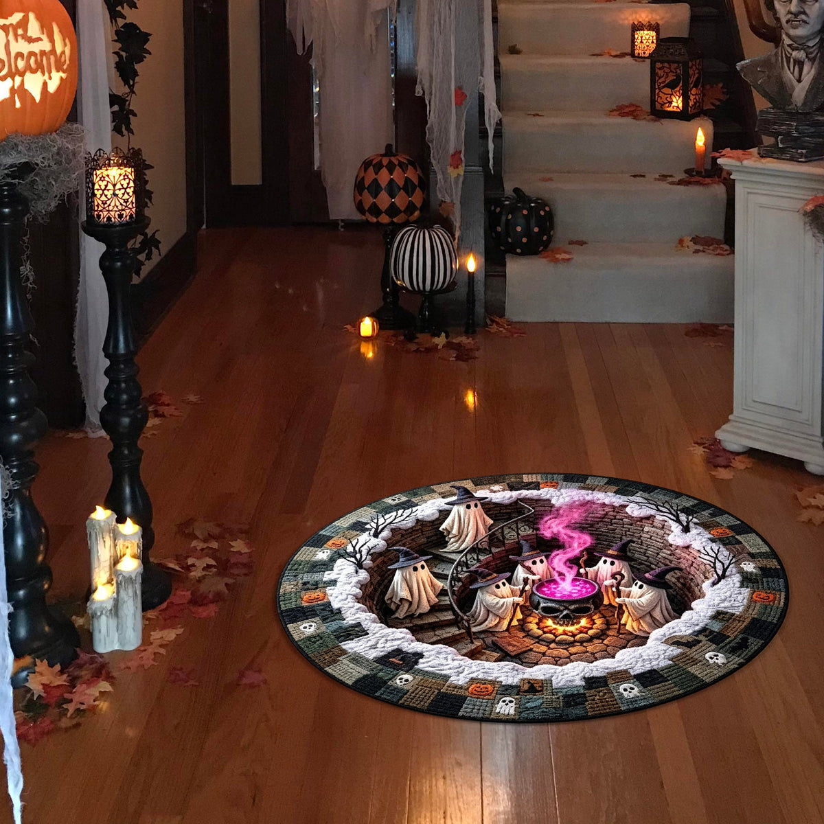 3D Optical Illusion Halloween Round Rug – Spooky Ghost Pumpkin Design, Non Slip Rubber Backing Doormat for Entryway Bedroom, Machine Washable Floor Mat Home Decor