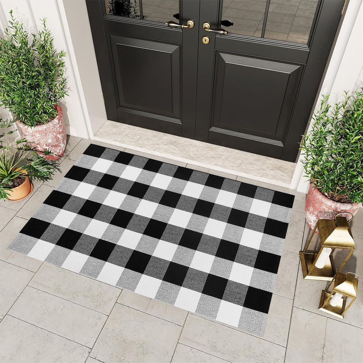 Fall Buffalo Plaid Rug Outdoor Doormat,Hand-Woven Checkered Doormat Layered Entryway Decor, Non-Slip Front Porch Mat Farmhouse Patio Rug, Halloween Thanksgiving Seasonal Outdoor Rug