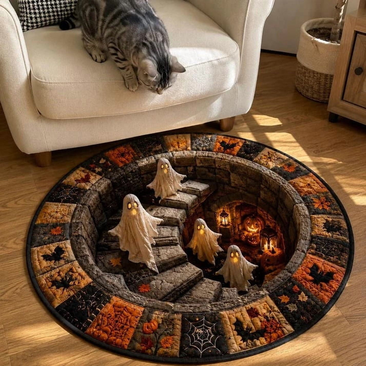 3D Optical Illusion Round Halloween Rug, Ghost Cave Stairwell Non-Slip Decorative Floor Mat