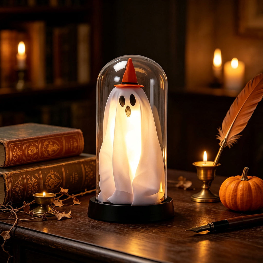 Orangide Halloween Ghost Cloche Night Light Fabric Ghost Lamp with Glass Dome for Mantel Shelf Spooky Party and Home Decor Ornament