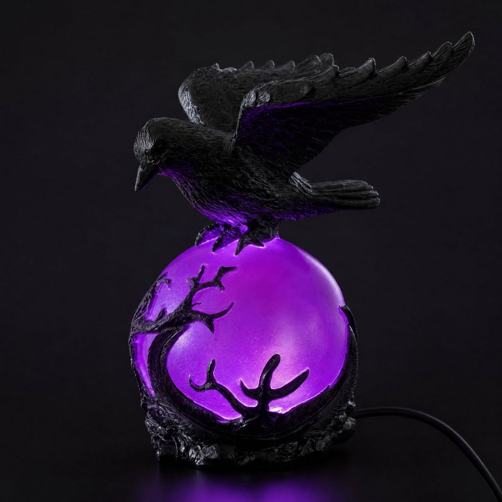 Gothic Mysterious Raven Lamp Light Sculpture, Resin Halloween Moonlight Luminous Crow Bird Led for Home Decor Gift, Bedroom Bedside, Living Room