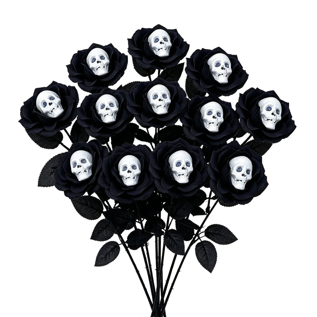 Halloween Artificial Rose Flower with Skull Head, Fake Silk Rose Bouquet, Red or Black Roses with Mini Skull