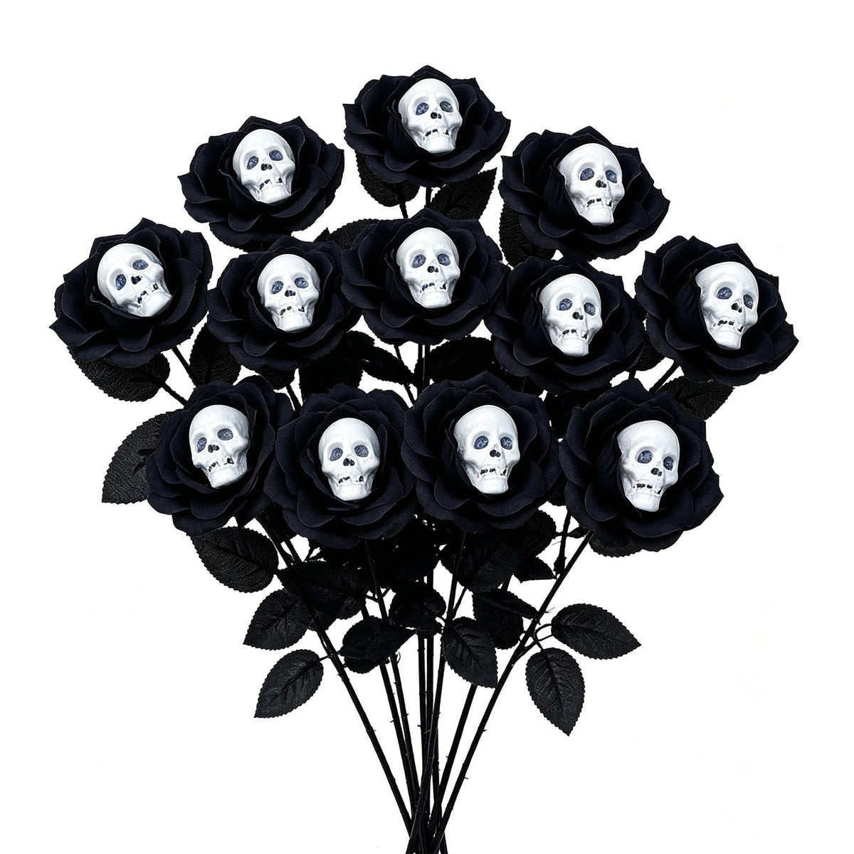 Halloween Artificial Rose Flower with Skull Head, Fake Silk Rose Bouquet, Red or Black Roses with Mini Skull