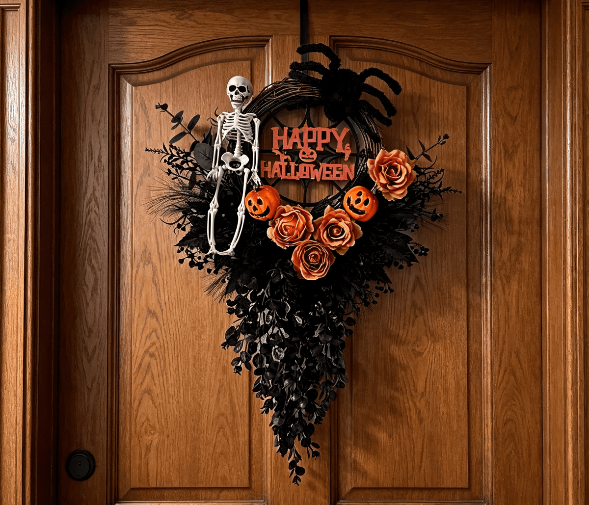 Halloween Wreaths for Front Door 26" Halloween Swag Hanging Window Door Decoration with with Skeleton and Spider Halloween Indoor Decoration for Fall Halloween Thanksgiving