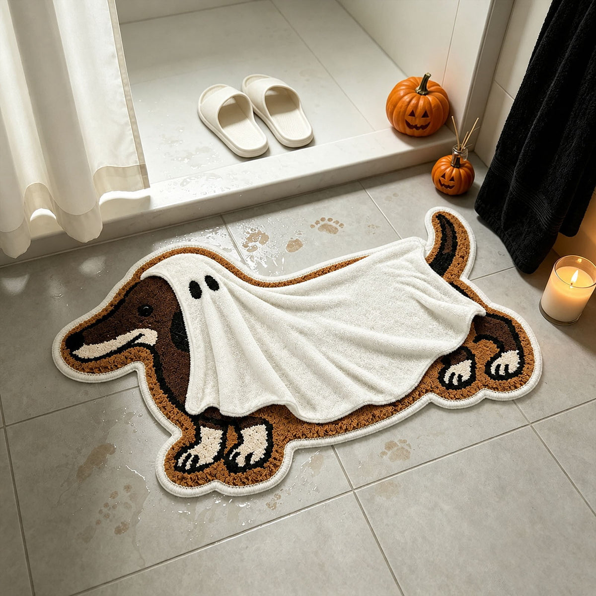 Dachshund Ghost Shaped Doormat, Wiener Dog Ghost Rug for Halloween Front Porch Entry Decor