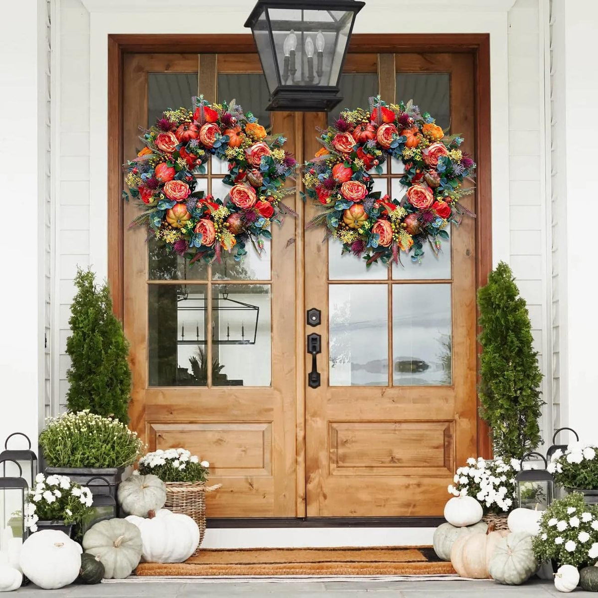 KOMI Fall Peony and Pumpkin Wreath, Autumn Year Round Wreaths for Front Door, Artificial Fall Wreath, Halloween Wreath, Fall Wreaths for Front Door, Autumn Wreath Thanksgiving Wreath (17.7 Inch)