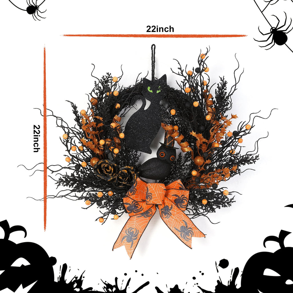 HELLONE Halloween Wreath for Front Door, 22 Inch Halloween Wreath Decoration with Black Cat, Owl, Berries, Bow, Home Decor for Indoor Outdoor Wall Window Fall