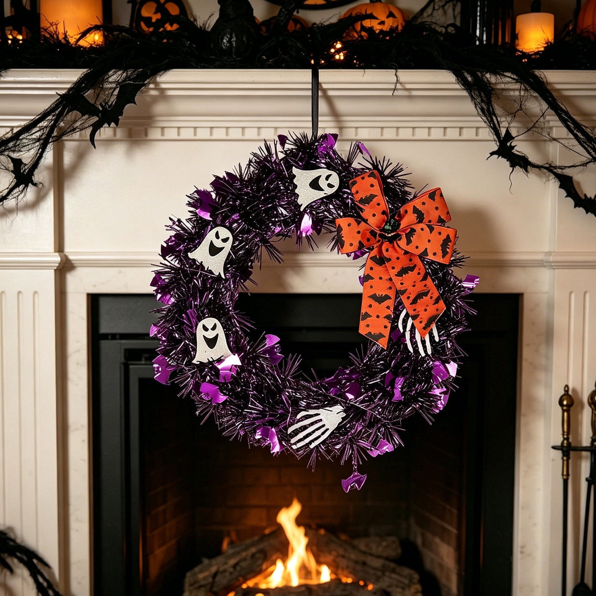 Hotyverty Halloween Wreath for Front Door, 13.77 Inch, Skull With Black Bow Wreath Halloween Decorations For Covered Outdoor Door & Farmhouse Gothic Home Ornament