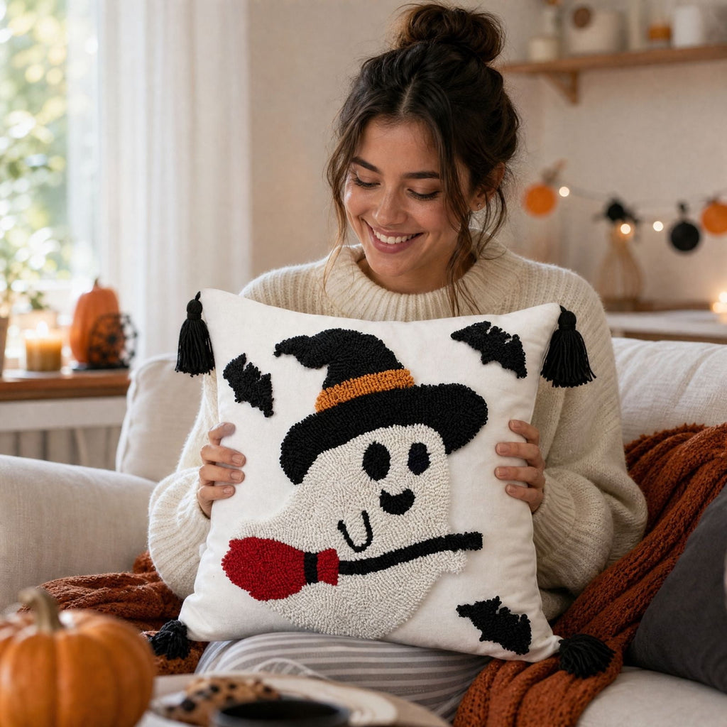 Cute Reading Ghost Plush Throw Pillow, Halloween Book & Pumpkin Bucket Ghost Stuffed Cushion, Spooky Season Decorative Pillow, for Sofa, Bedroom, Party Decor