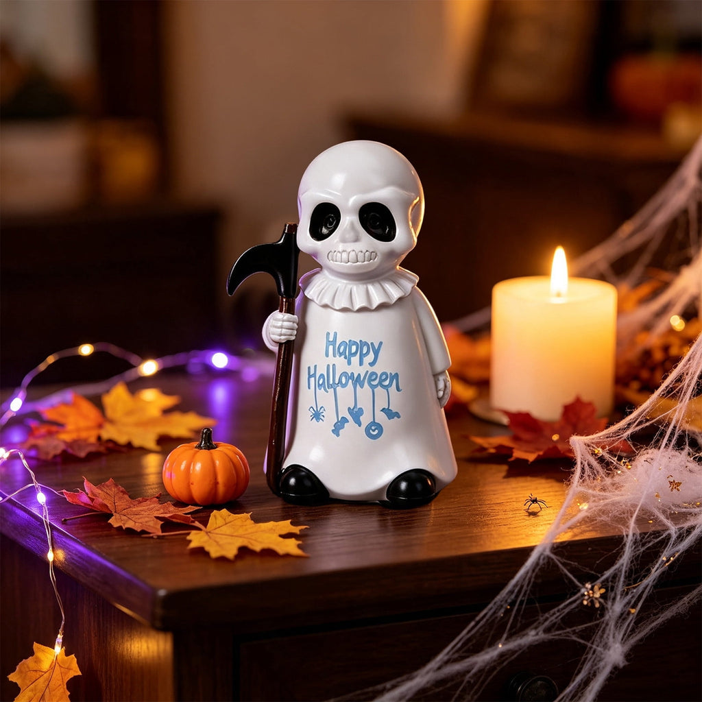 Halloween Ghost Figurine, Ghost Girl with Pink Bow & Hot Drink, Funny Ghost Statue Halloween Decor for Gift, Cute Spooky Tabletop Ornament for Home, Mantle, Desk & Party Decoration