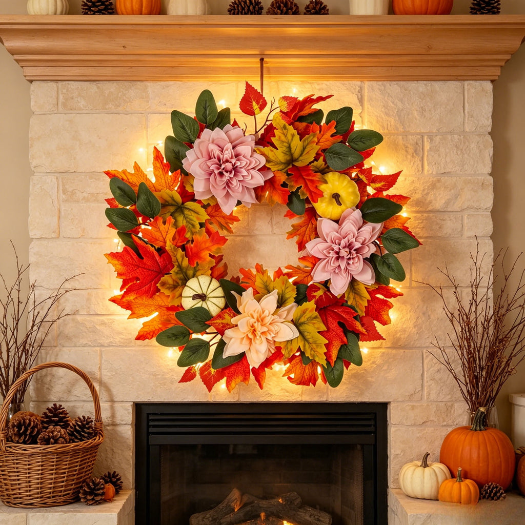 ICQOVD Halloween Pumpkin Maple Leaf Wreath with Skeleton Ornament Orange Black Bow Front Door Hanging Fall Home Decoration 15.75*15.75*3.15IN